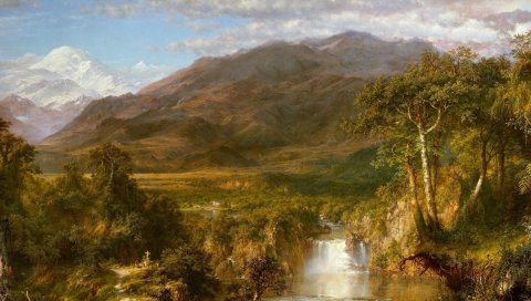 Живопись, холст, искусство, водопад, горы, величие, масло