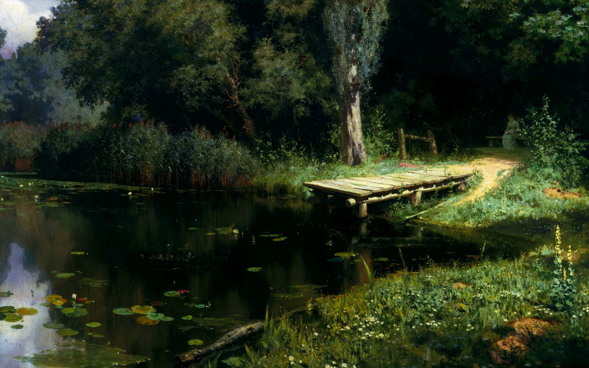 Картинки Пирс, озеро, лилия, деревья, живопись, искусство, поляны, заросший пруд фото и обои на рабочий стол
