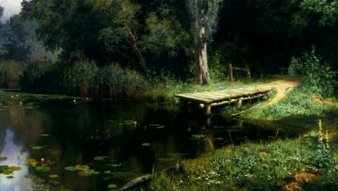Пирс, озеро, лилия, деревья, живопись, искусство, поляны, заросший пруд