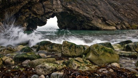 Камни, брызги, арка, трещина, камни, водоросли, мох, волна