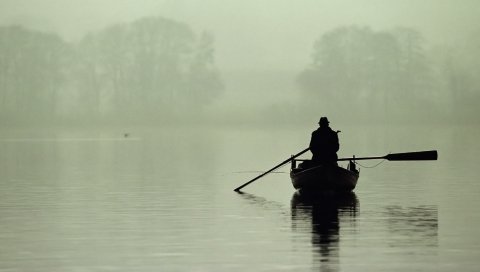 Лодка, человек, гребля, очертания, силуэт, туман, озеро