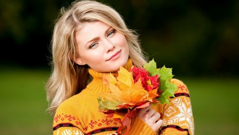 Осень, свитер, девушка, блондин, листья, клен, настроение