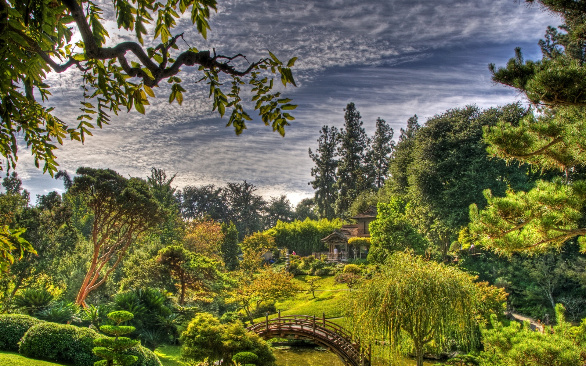 Картинки Сад, небо, облака, мост, растительность, питомник, листья, беседка, зеленый фото и обои на рабочий стол