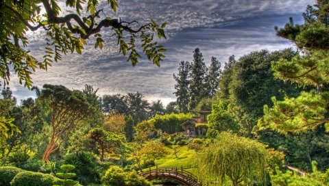 Сад, небо, облака, мост, растительность, питомник, листья, беседка, зеленый