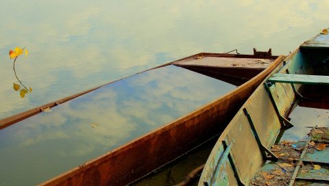 лодки, вода, листья, осень, краски, куст в