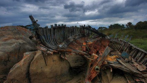 остается, лодка, рамки, камни, облачная