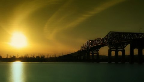 восход, мост, река, дизайн, утро