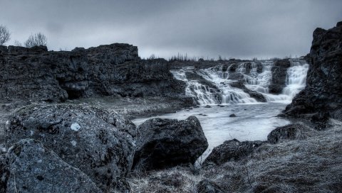 водопады, камни, пористая, вялость, мрачная, трава, утрачена