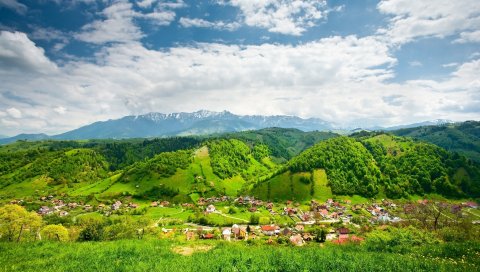 холмы, горы, дома, поселка, ярко, лето