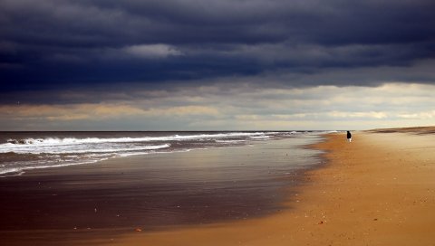 пляж, песок, берег, океан, человек, одиночество, облачно, пустота