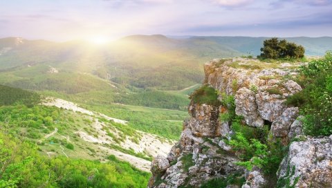 рок, солнце, свет, лучи, кусты, камни, гора ,