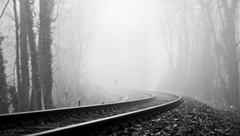 рельсы, железная дорога, туман, поворот, черно-белый, мрачное
