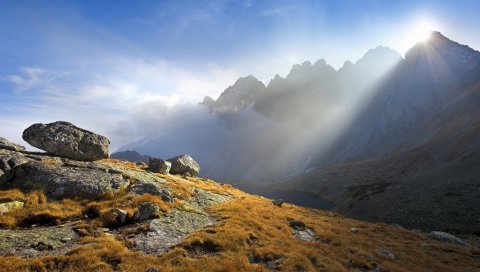 свет, лучи, солнце, камни, пористые, горы, осень