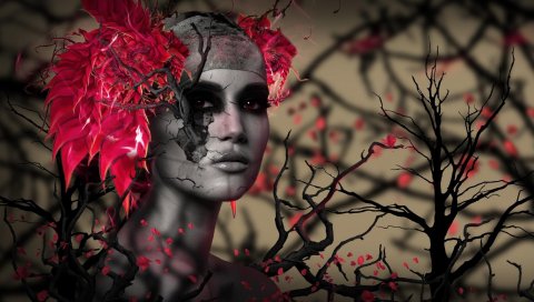 девушка, дерева, ветвь, цветы
