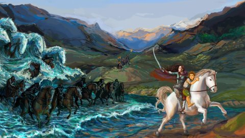 девочка, ребенок, лошадь, вода, бежать