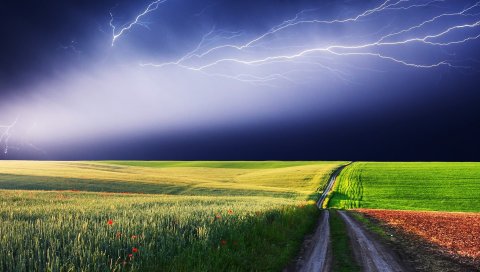 Молния, поле, дорога, чернота, плохая погода, небо, пил, элементы