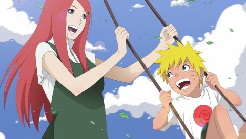 Наруто, Наруто shippuden, узумаки кушина, Наруто узумаки, качели, небо, веселье, улыбка