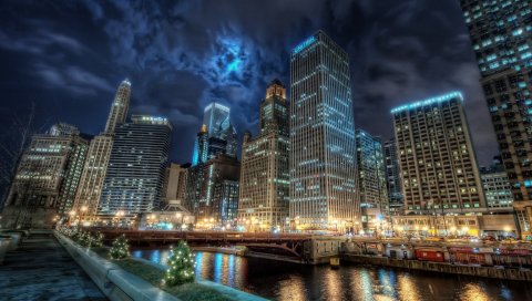 Чикаго, река, мост, небоскребы, hdr