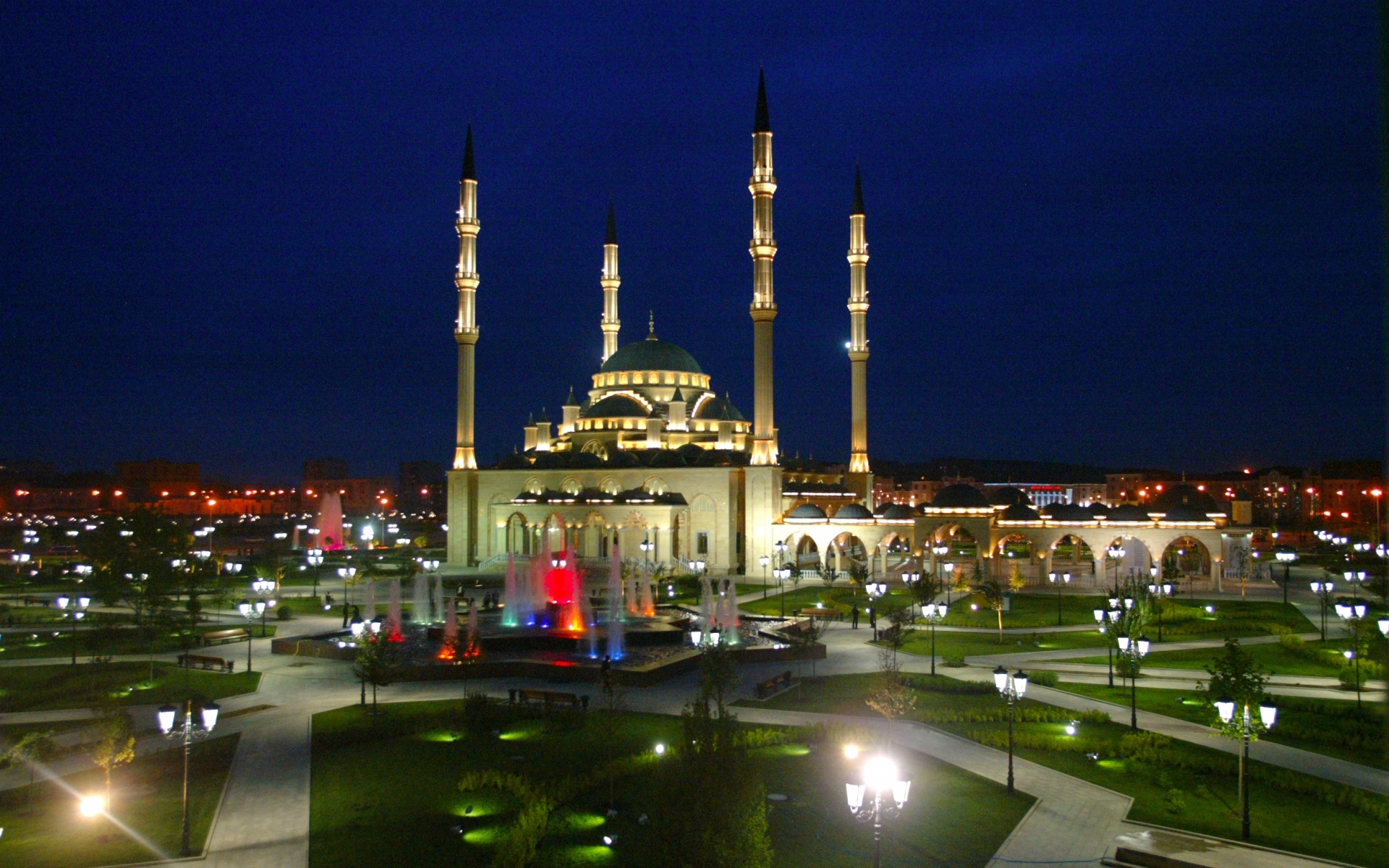 Картинки Чечня, мечеть, вечер, фонтан фото и обои на рабочий стол
