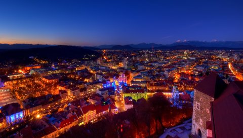 Сумерки, вечер, огни, дом, замок, горы, альпы, Рождество, Словения