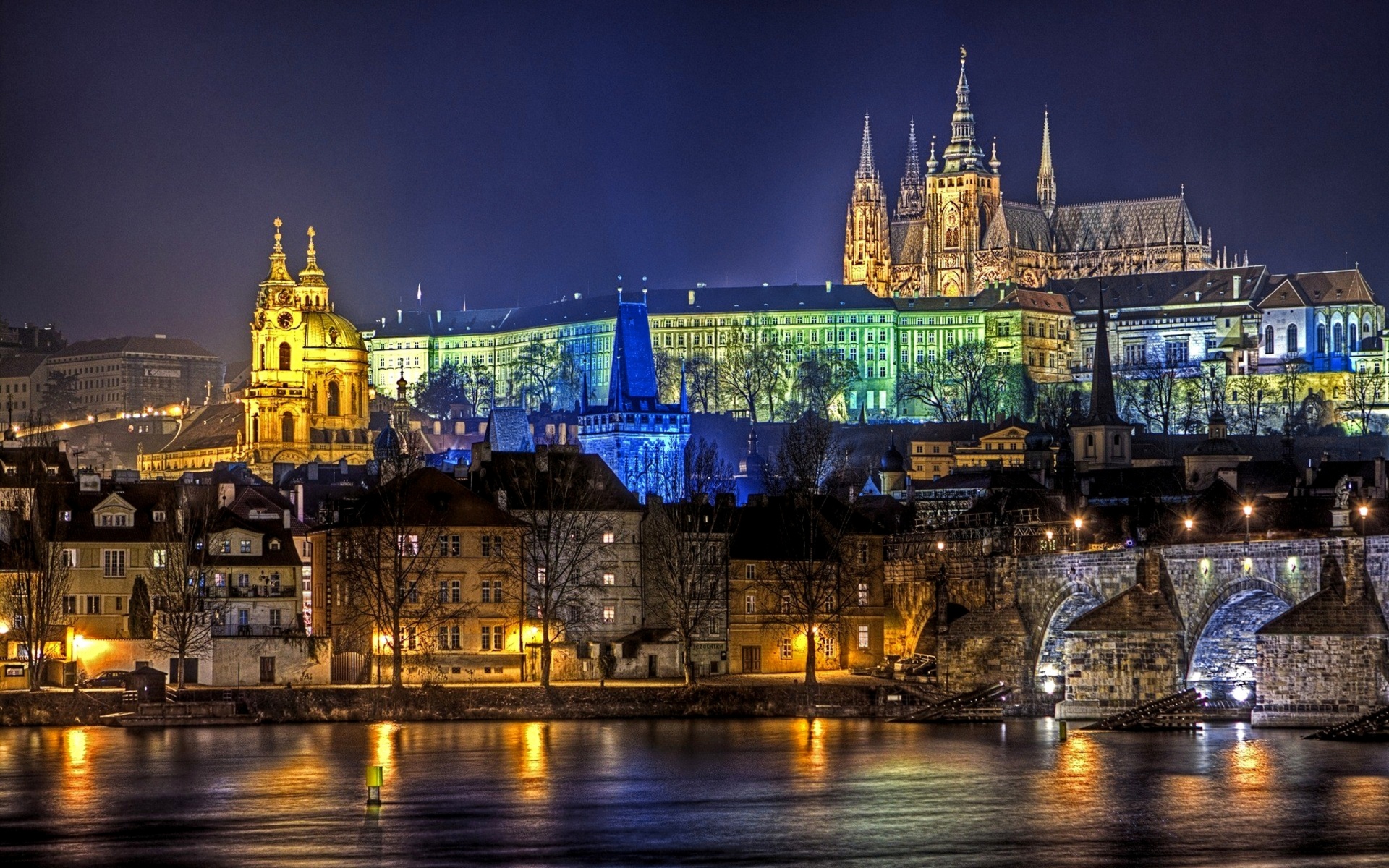 Картинки Прага, Чарльз мост, ночь, огни фото и обои на рабочий стол