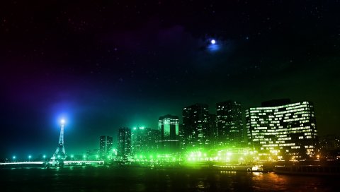 Париж, ночное освещение, здания, огни