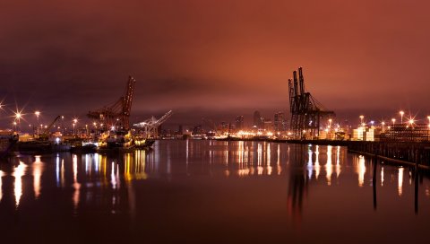 Ort, ночь, огни, краны, поверхностные воды