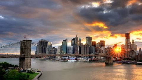 Нью-Йорк, мост, свет, закат, здания, небоскребы