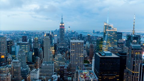 Нью-Йорк, здания, небоскребы, ночь, вид сверху