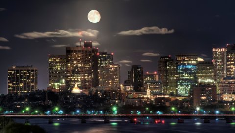 Ночь, небоскребы, мосты, свет