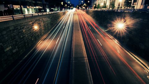 Ночь, город, дорога, огни, движение, скорость, улица, автомобиль