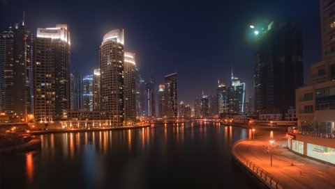 Дубай, город, небоскребы, вода, ночь, огни
