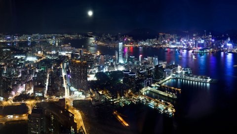 Hong kong, ночь, огни, вид сверху