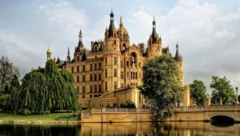 Германия, schwerin, замок, вода, деревья