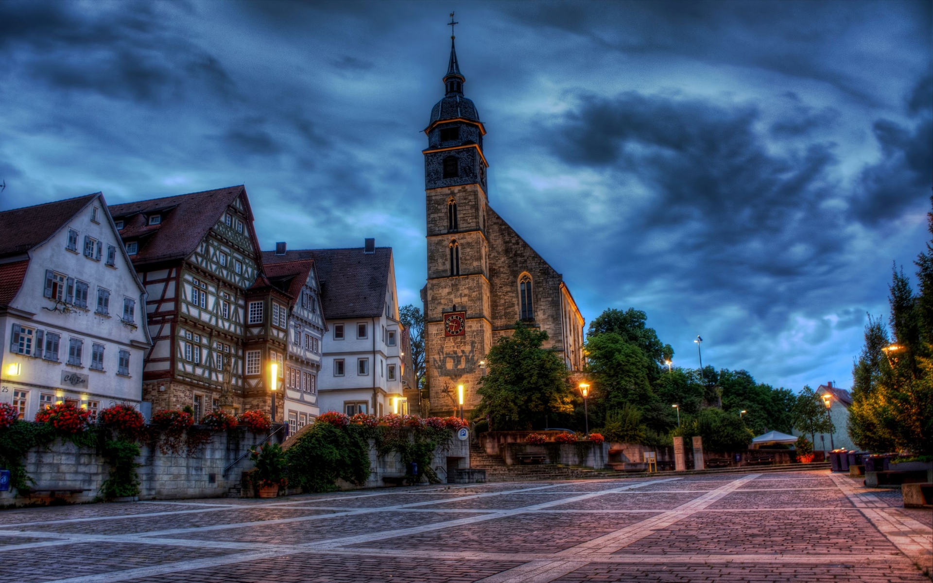 Картинки Boeblingen, Германия, площадь, здание, дом, церковь, цветы, hdr фото и обои на рабочий стол