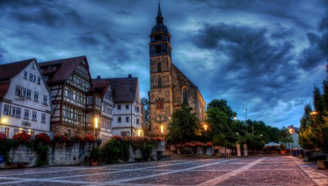 Boeblingen, Германия, площадь, здание, дом, церковь, цветы, hdr