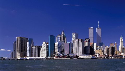 Башни-близнецы, Нью-Йорк, центр мировой торговли, небоскребы, река, город, манхэттен