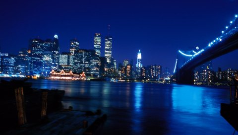 Башни-близнецы, Нью-Йорк, центр мировой торговли, небоскребы, река, мост, ночь, город, манхэттен