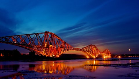 Шотландия, река, огни, вечер, дизайн
