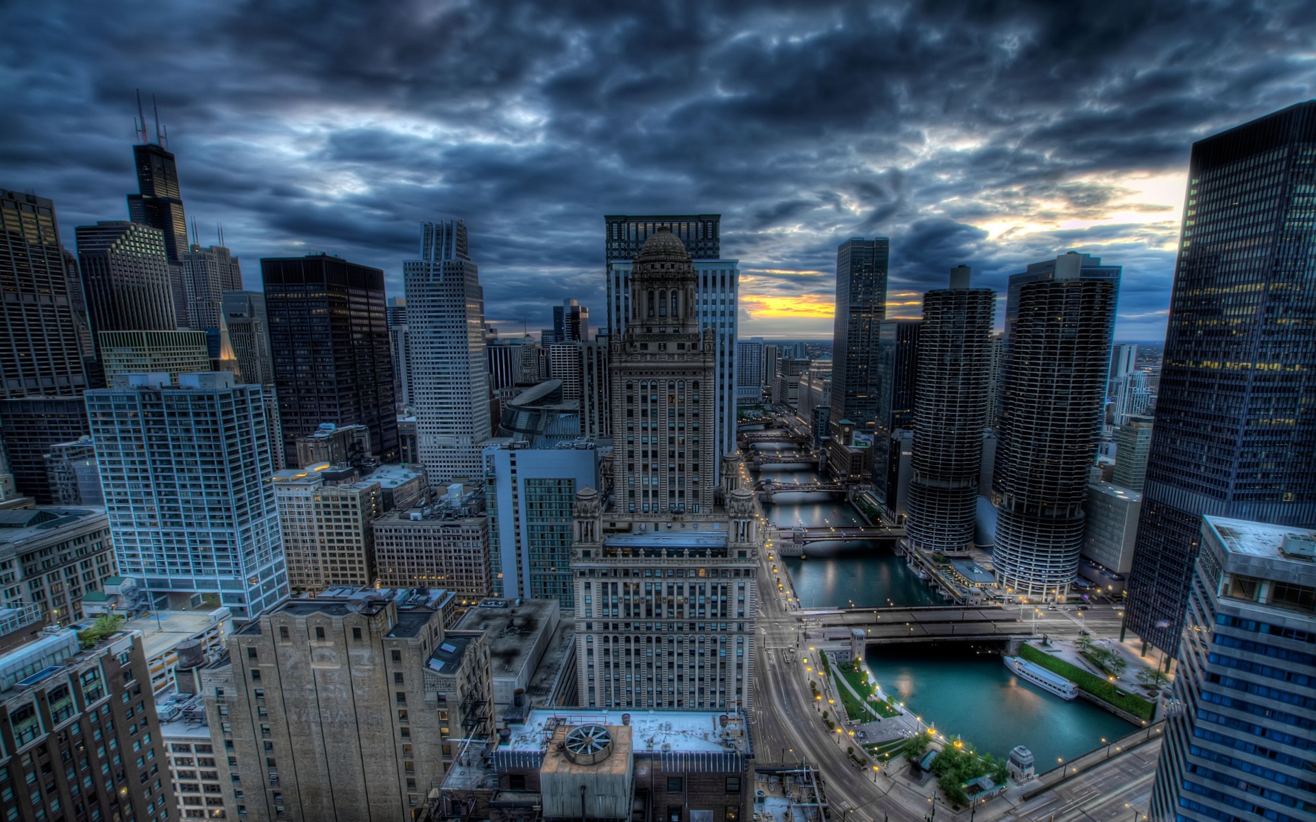 Картинки Чикаго, здания, небоскребы, река, мост, hdr фото и обои на рабочий стол