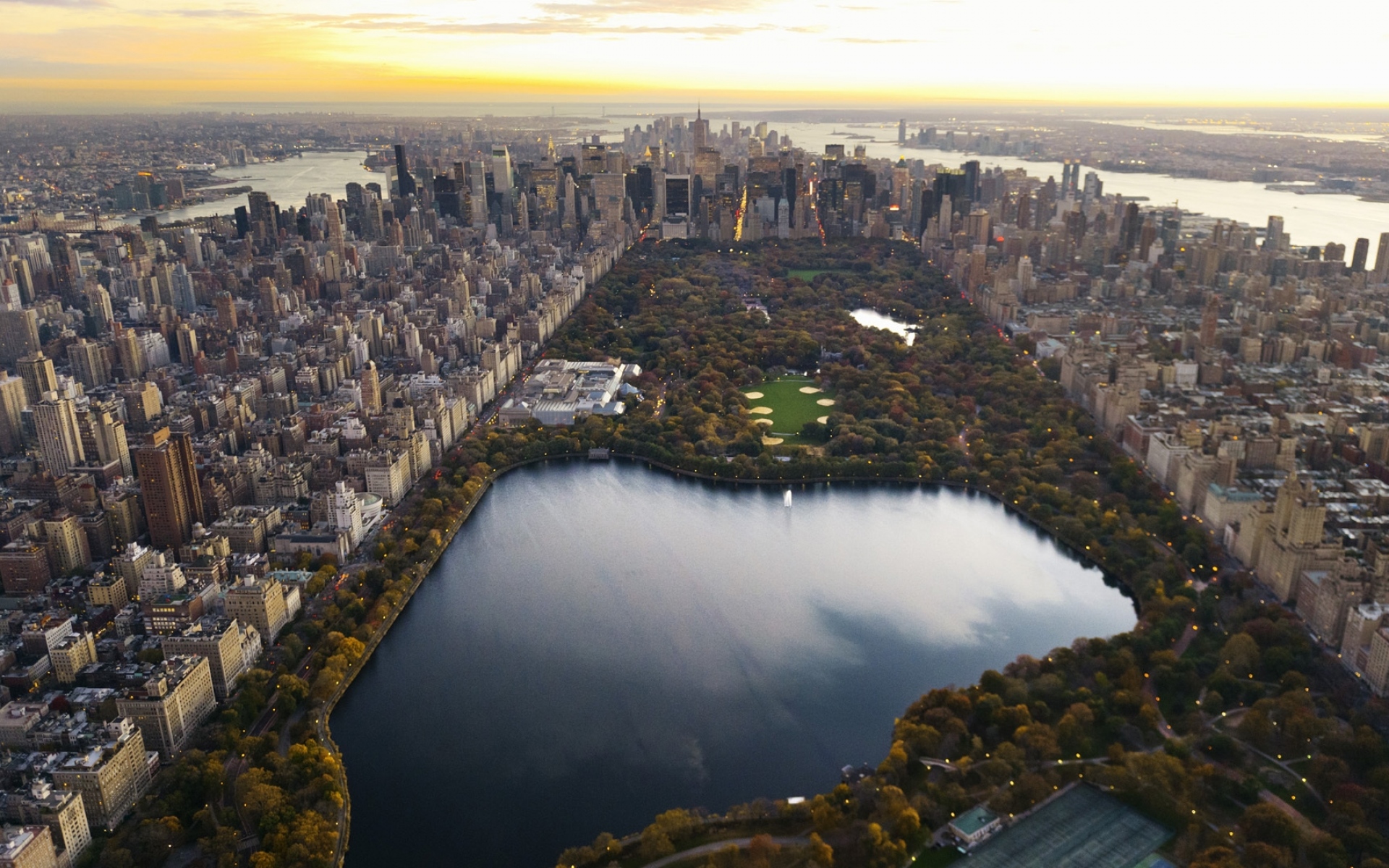 Картинки Центральный парк, панорама, ночь, Нью-Йорк, озеро, небоскребы, город, манхэттен фото и обои на рабочий стол