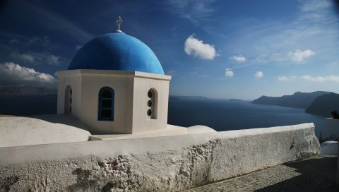 Санторини, Греция, облака, купол, церковь, небо, море, горы