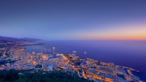 Побережье, море, огни, корабли, здания, закат
