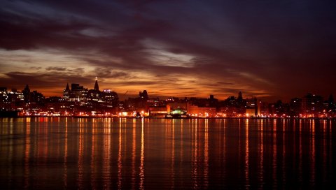 Пейзаж, вид, небоскреб, дом, здание, отражение, ночь, вода, огни, набережная, небо, залив