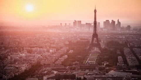 Город, Париж, Франция, Эйфелева башня, рассвет, утро, взгляд, туман