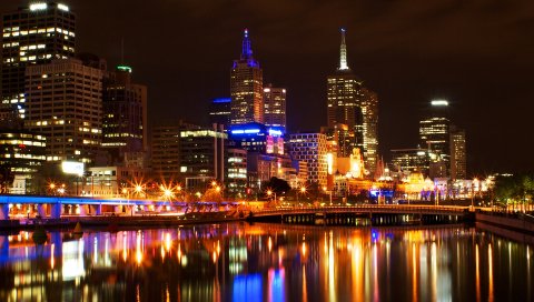Мельбурн, свет, ночь, мост, отражение