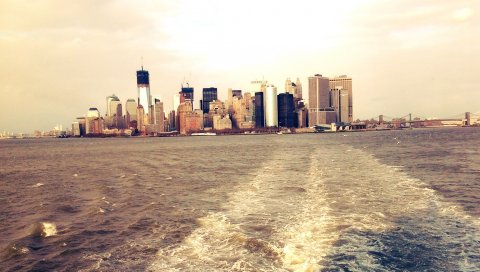 Манхэттен, Нью-Йорк, вода, мост, небоскреб