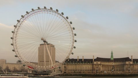 Лондон, Англия, река, дома, здания, колесо обозрения