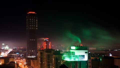екатеринбург, город, небоскреб, дом, высота здания, крыша, улица, свет, свечение, ночь, небо