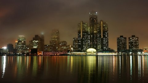 детройт, штат Мичиган, США, америка, ночь, вид, огни, небоскребы, дома, здание, подпорная, туман, отражение, вода, мегаполис, пейзаж, залив, море, океан
